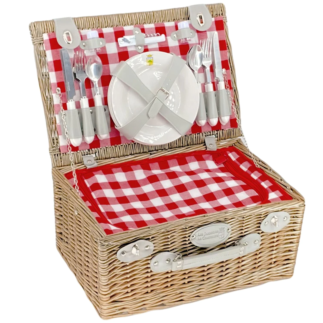Panier Pique-Nique Les Jardins De La Comtesse Marly - Pour 4 Personnes - Compartiment Isotherme - Vaisselle Céramique Et Verre - 46x31x20 Cm